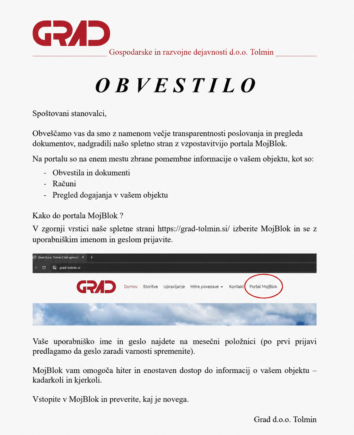 Obvestilo Grad.o.o.